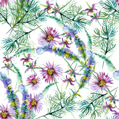 Field flowers, seamless pattern, watercolor
