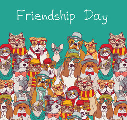 Group fashion best friends cats and dogs fun animals card and sky.