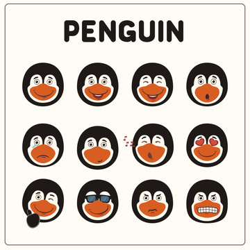 Emoticons set face of penguin in cartoon style. Collection isolated funny muzzle penguin with different emotion.