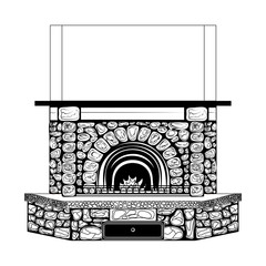 Fireplace, fire is burning in the fireplace, firewood is lying.Black and white.Vector illustration.