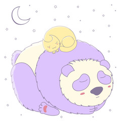 Hand drawn vector illustration of cute sleeping panda and curled up cat with moon and stars