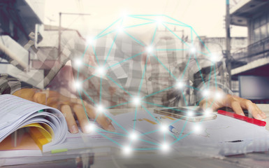 Double exposure of Businessmen network connection concept,Business Concept