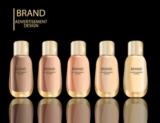 Glamorous foundation glass bottles Isolated on white background. Mock-up 3D Realistic Vector illustration