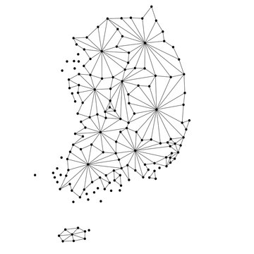 South Korea map of polygonal mosaic lines network, rays and dots vector illustration.