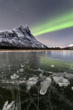 Ice bubbles of frozen sea and the snowy peak of Otertinden under the Northern Lights (aurora borealis), Oteren, Lyngen Alps, Troms