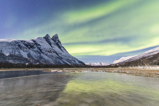 The snowy peak of Otertinden and the Northern Lights (aurora borealis) in the polar night, Oteren, Lyngen Alps, Troms