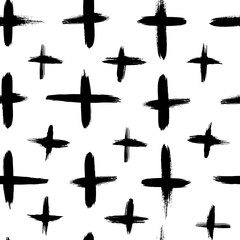 Vector black and white seamless pattern with crosses. Traced watercolor brush stroke.