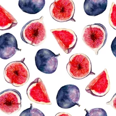 Papier peint Fruits aquarelle Modèle sans couture aquarelle de fruits figues. Fruits tropicaux lumineux isolés sur fond blanc, design dessiné à la main pour le fond, le papier peint, le textile, l& 39 emballage, etc.