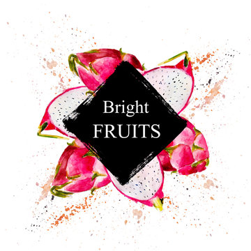 "Bright Fruits" sale and other flyer template with lettering. Typography poster, card, label, banner design. Watercolor illustration with dragon fruit background, splashes and square grunge label.