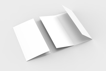 A4. Blank trifold paper brochure mock-up on soft gray background with soft shadows and highlights....