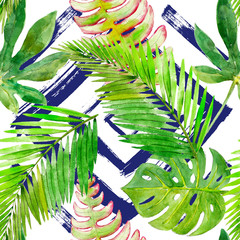 Tropical seamless pattern on geometrical background. Watercolor hand-drawn design for background, wallpaper, textile, wrap and etc. Tropical leaf on blue rombuses.