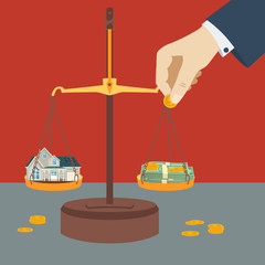 Scale weighing money and house. Financial concept. 