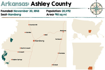 Large and detailed map of Ashley county in Arkansas