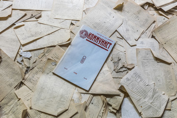 Fototapeta na wymiar Communistic Magazine in abandoned Hospital of Pripyat