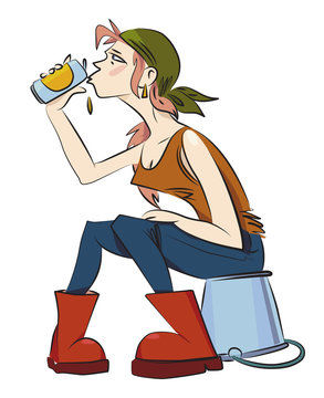 Cartoon image of girl with a beer. An artistic freehand picture.
