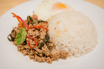 stir-fried pork and basil and fried egg with rice, Thai food