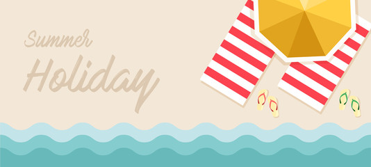 Obraz premium Summer holiday banner Vector Illustration, beach with waves, sun umbrellas, sandals and beach towels