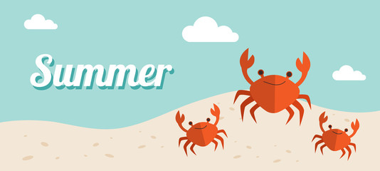 Summer holiday banner Vector Illustration, beach with waves, sand sky and crabs - obrazy, fototapety, plakaty