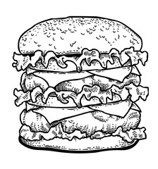 Cartoon image of tasty burger. An artistic freehand picture.