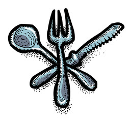Cartoon image of Spoon, fork, knife Icons. Restaurant symbol. An artistic freehand picture.