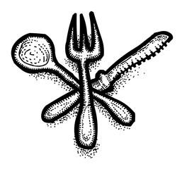 Cartoon image of Spoon, fork, knife Icons. Restaurant symbol. An artistic freehand picture.