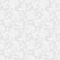 Seamless grey background with white pattern in baroque style. Vector retro illustration. Ideal for printing on fabric or paper.