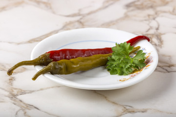 Pickled green and red pepperoni pepper in plate