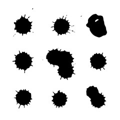 Set of Isolated black spots of ink. Blot print, ink splash on white background.