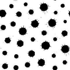 Seamless pattern. Print of black blot, spot, splash of ink on white background. Can use in textile or decorative design of paper.