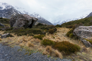 Fototapeta na wymiar The pathway inside Hooker Valley to Mt Cook, New ZZealand
