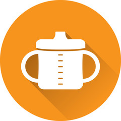 Baby cup icon with handles. Toddler spout mag. Vector. White drinker bottle on orange background. Baby items for newborns. in flat design with long shadow.  