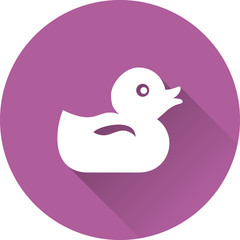 Duck baby icon. Vector. White toy on purple background. Simple symbol in flat design with long shadow.  