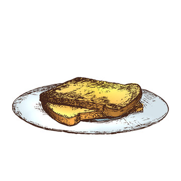 Hand drawn ink sketch illustration of toast with honey, organic nature product. Vector
