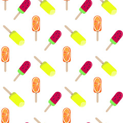 Colorful popsicle ice cream seamless vector pattern.  Tasty colorful summer desert - fruit ice lolly. Design for wallpaper, wrapping, fabric, background, apparel, prints, banners. 