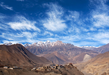 Fototapeta na wymiar Jarkot village and Himalaya mountain landscape on Annapurna Circuit Trek, Nepal