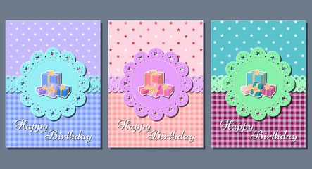 Happy birthday greeting cards. Set of holiday templates. Vector illustration. Invitation background. 