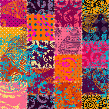 Seamless background pattern. Imitation of a retro patchwork in indian style.
