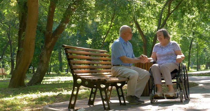 Senior man talking with woman in wheelchair outside in summer park. 4k