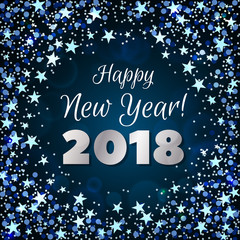 Happy New Year 2018 greeting card. Festive illustration with colorful confetti, party popper and sparkles. Vector