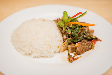 stir-fried meat and basil with rice, Thai food