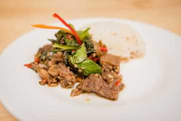stir-fried meat and basil with rice, Thai food