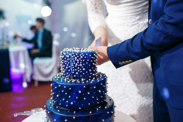 Bride and groom cut blue wedding cake.