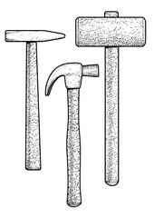 Hammer illustration, drawing, engraving, ink, line art, vector