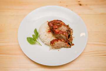 stir-fried roasted duck and basil and fried egg with rice, Thai food