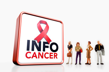 miniature people - A group of people standing in front a cancer information board