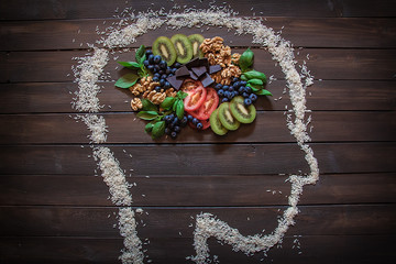 Some nuts, blueberries, dark chocolate, kiwi and tomatoes that are healthy foods for you body and your brain.