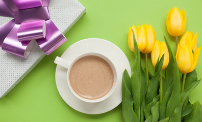 Giftbox and flowers with coffee