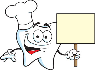 Cartoon illustration of a tooth holding a sign.