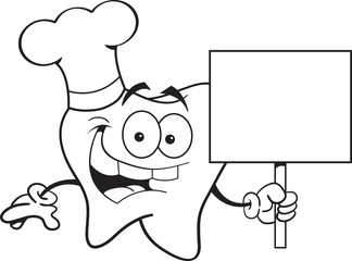 Black and white illustration of a tooth holding a sign.