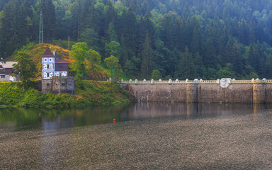 Early morning on the river Elbe. View of the dam. Czech Republic.
